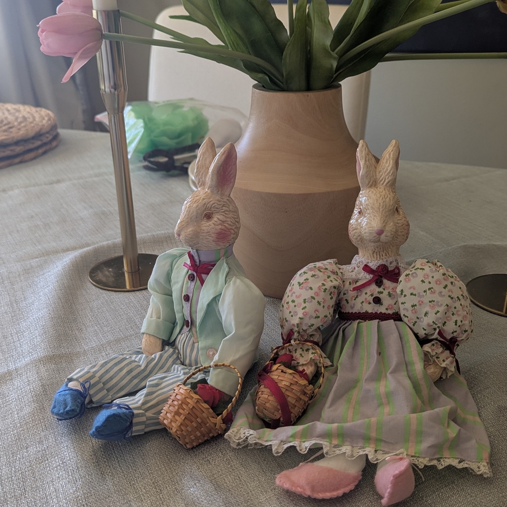 Charming Bunny Couple Figurines with Baskets